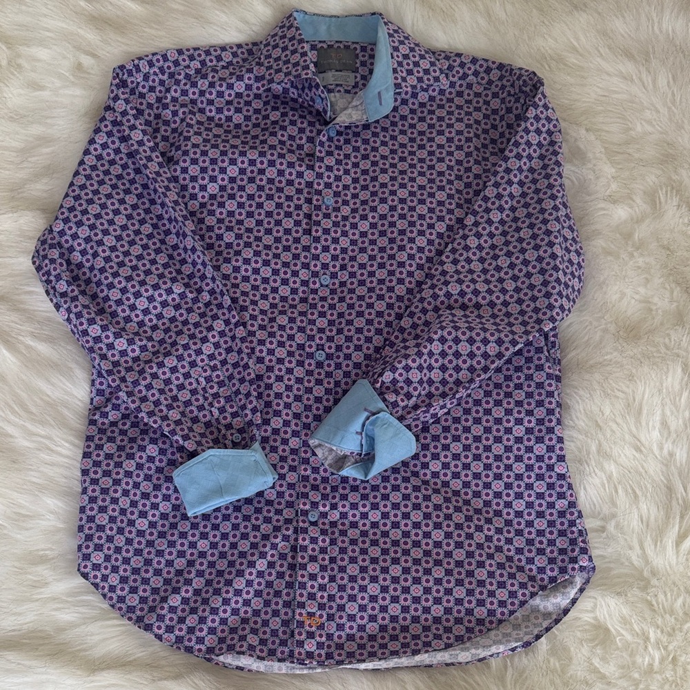 Thomas Dean stylish Purple and Pink Patterned Long-Sleeve Dress Shirt